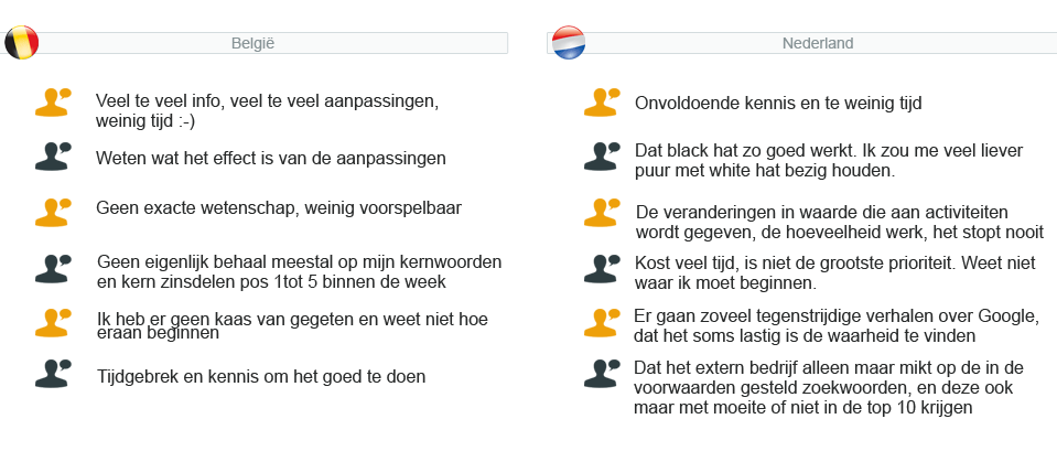 webshopenquête 2011 - vraag 27 : Wat is het grootste pijnpunt / struikelblok / ergernis bij je SEO activiteiten ?